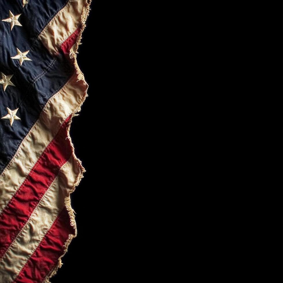 Worn American flag with visible textures against a dark background in a reflective display photo