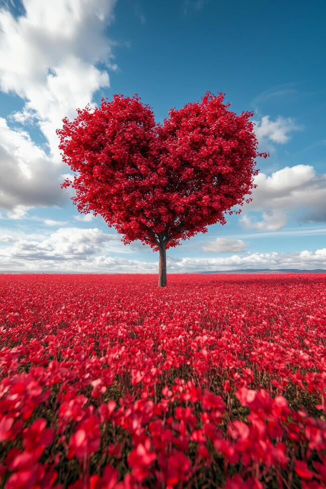 A heart shaped tree stands amidst a vibrant field of red flowers under a blue sky photo