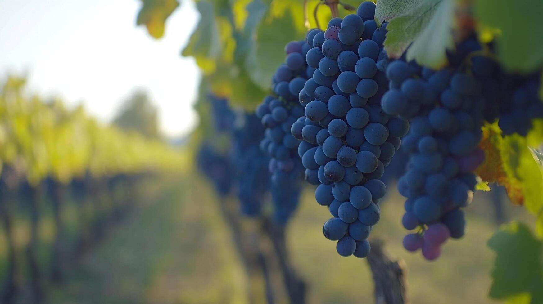 Bunch of ripe blue grapes hanging on vine in vineyard during summer harvest time photo
