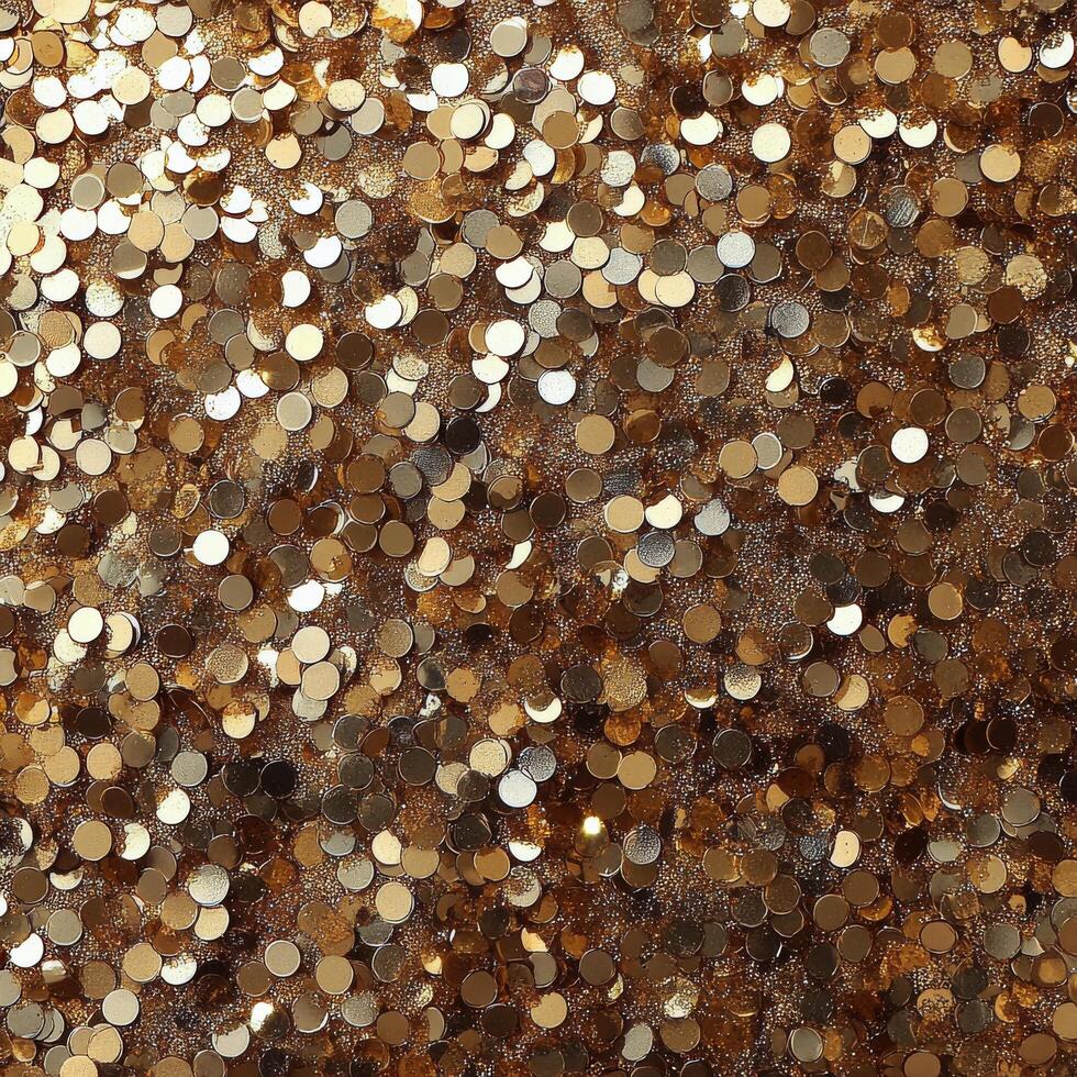 Shimmering golden sequins arranged together creating a sparkling texture on a surface photo