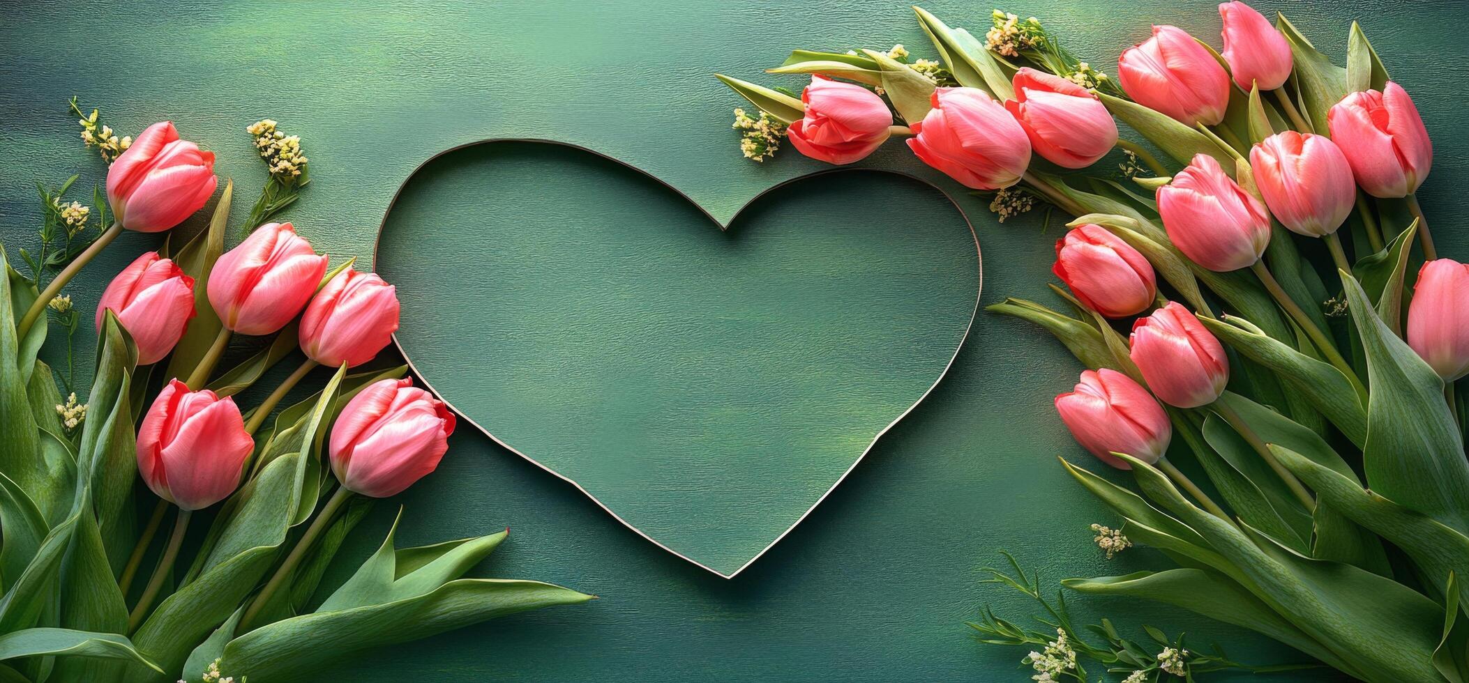 Romantic arrangement of pink tulips forming a heart on a green background during spring season photo