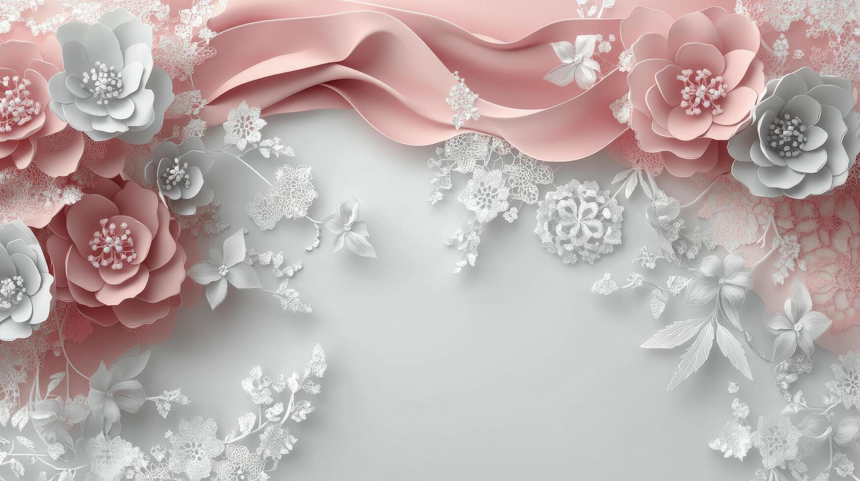 Delicate floral arrangement with pink blossoms and lace on a textured background photo