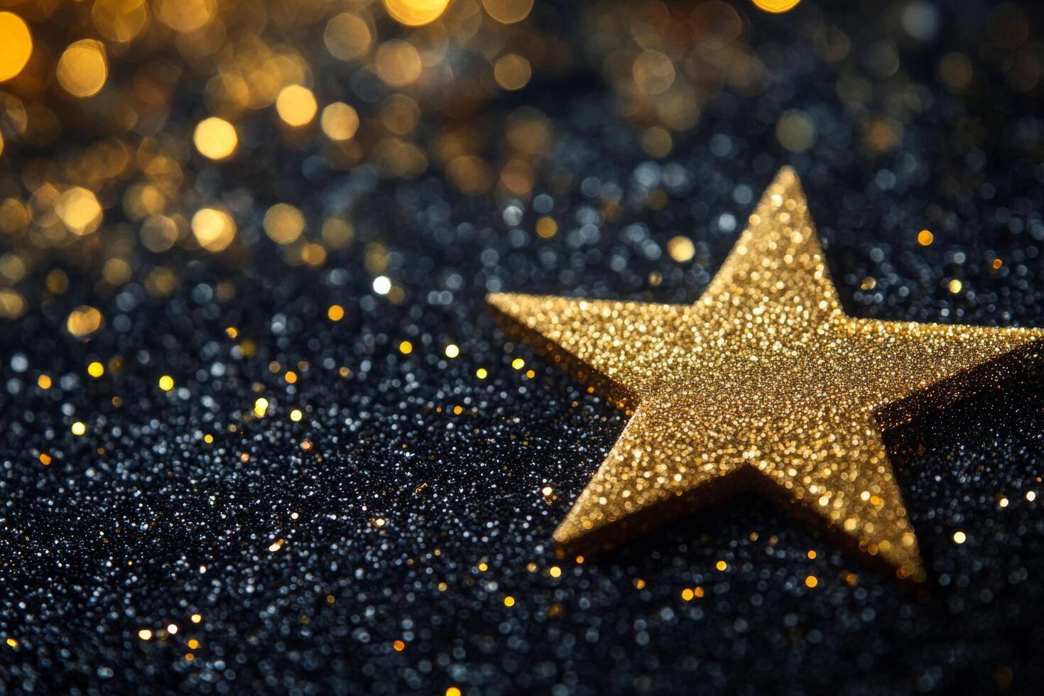 Golden star resting on a bed of sparkling black glitter in a festive setting during the evening photo