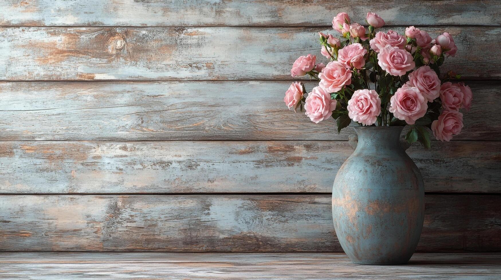 A bouquet of pink roses in a vase on a wooden table against a rustic backdrop photo