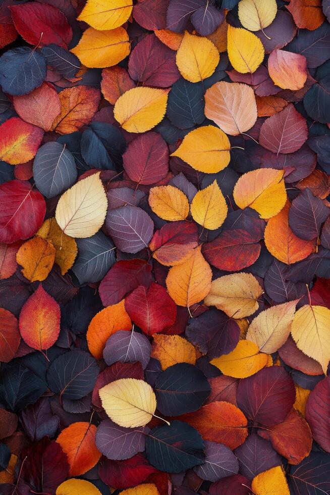 Colorful autumn leaves create a vibrant carpet on the ground in a serene outdoor setting photo