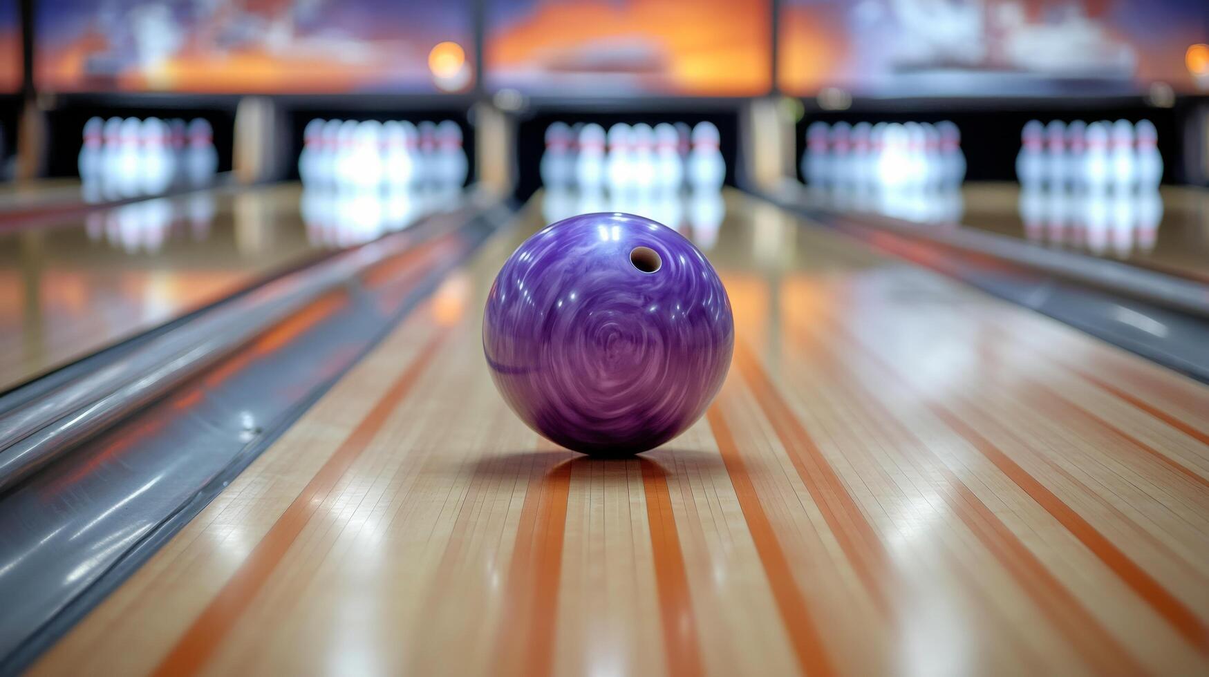 Purple bowling ball rolling down lane with pins in background at bowling alley during evening hours photo