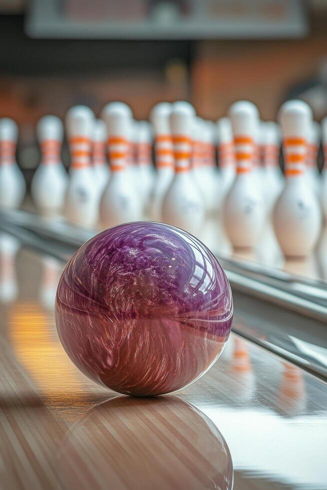 A vivid bowling ball perched atop a purple cube in a lively bowling alley during the evening photo