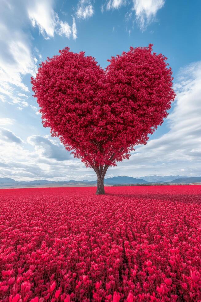 A heart shaped tree stands amidst a vibrant field of red flowers under a blue sky photo