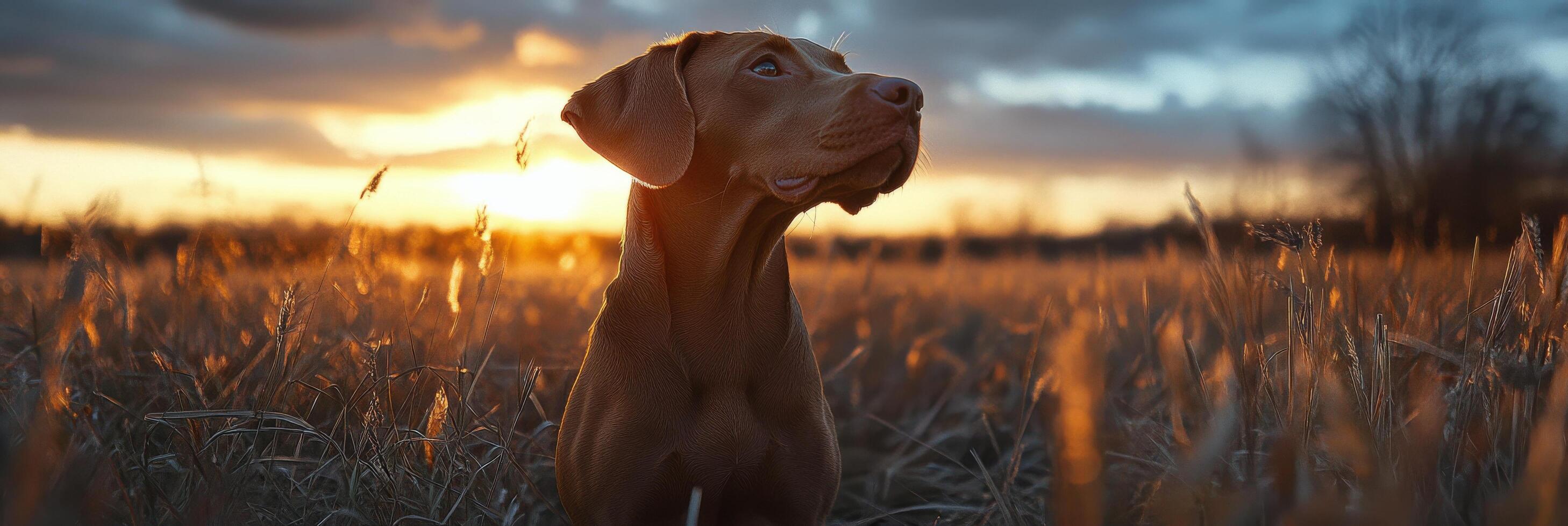 A dog enjoying a peaceful sunset in an open field during late afternoon hours photo