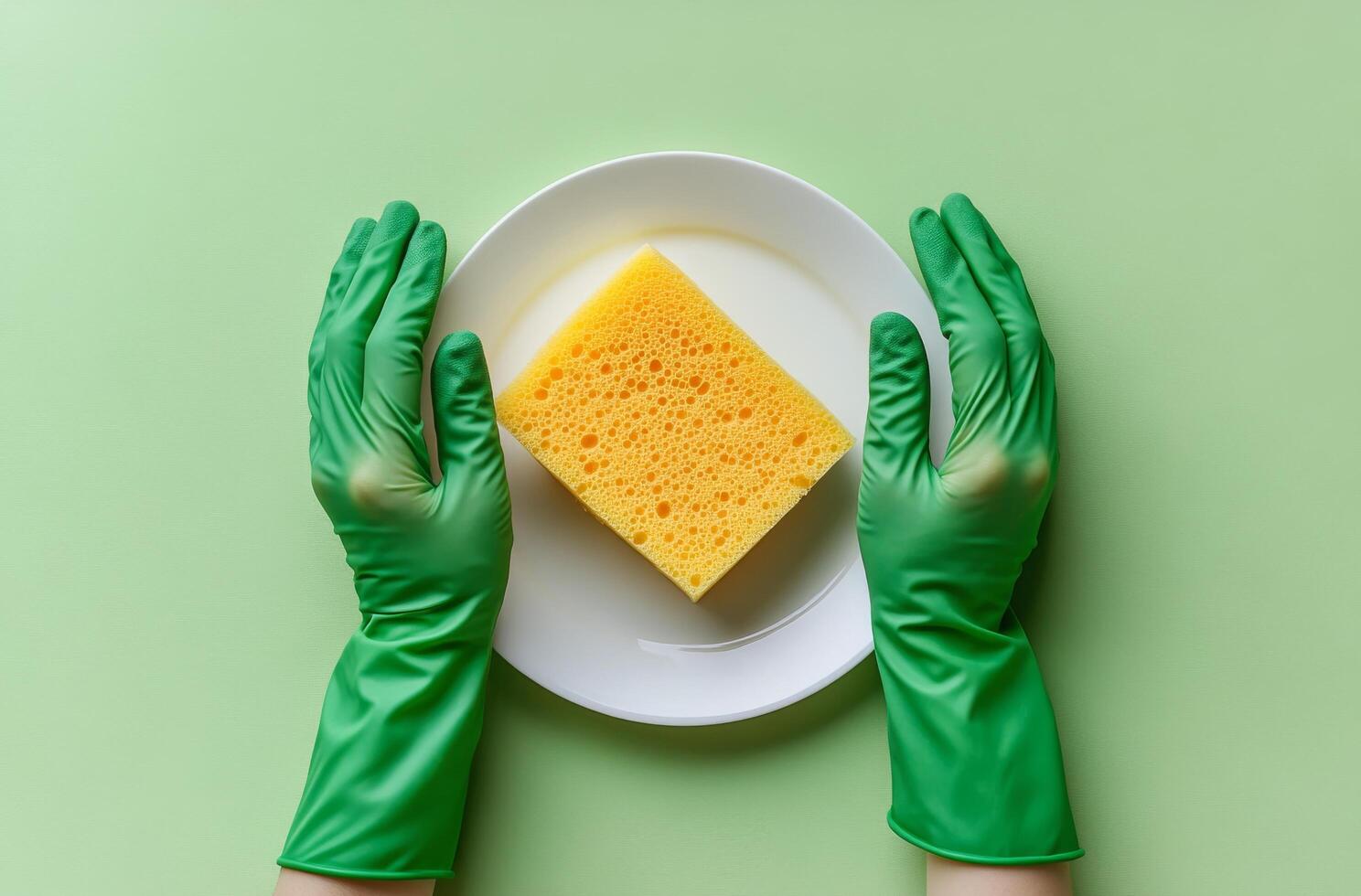 Hands in green gloves placing a bright yellow sponge on a white plate against a green background photo