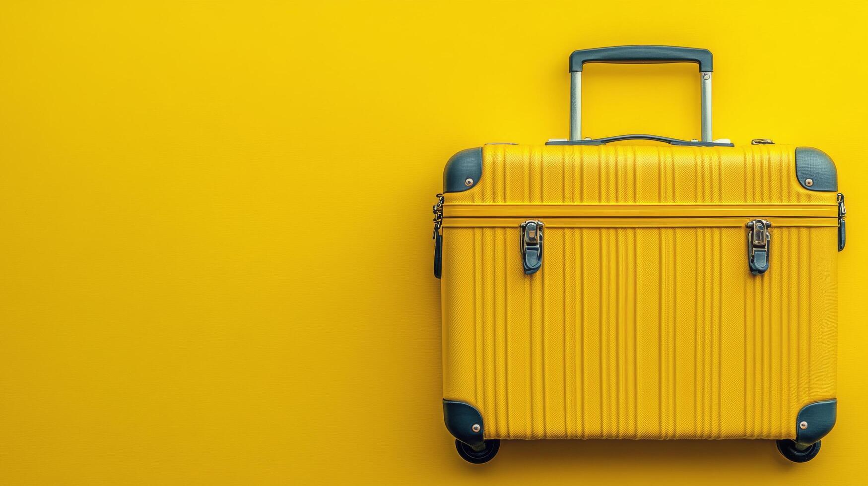 A vibrant yellow suitcase on a bright yellow background suitable for travel and adventure photo
