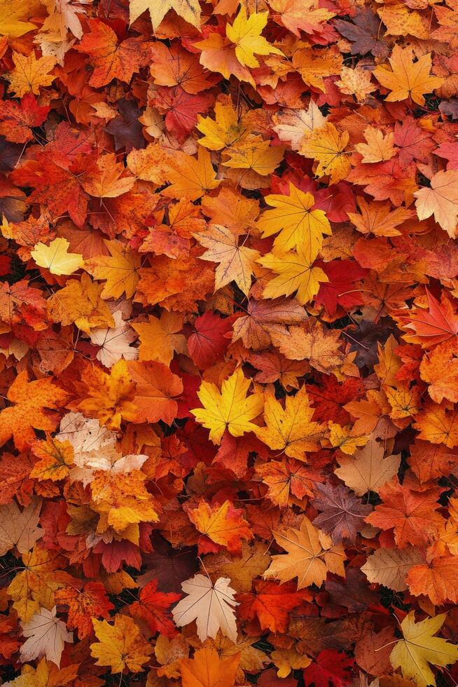 Colorful autumn leaves create a vibrant carpet on the ground in a serene outdoor setting photo
