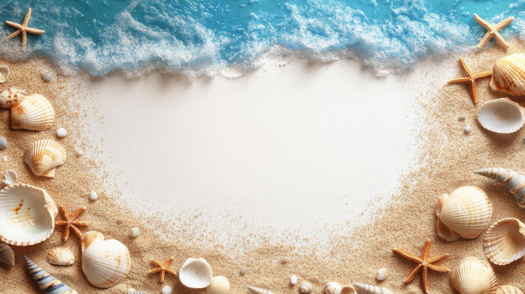 Seashells and starfish scattered along the sandy beach with gentle waves lapping in the morning sun photo