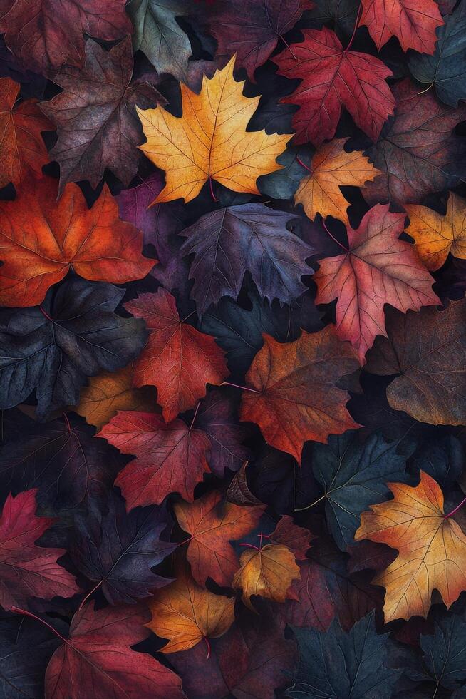 Vibrant autumn leaves in a rich palette of colors on the forest floor during the fall season photo