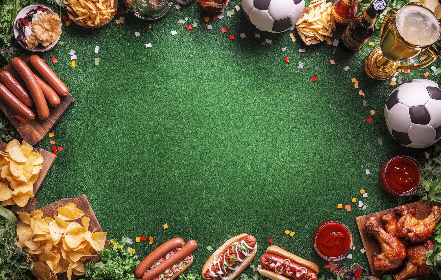Gathering of snacks and drinks for a football match viewing party on green grass photo