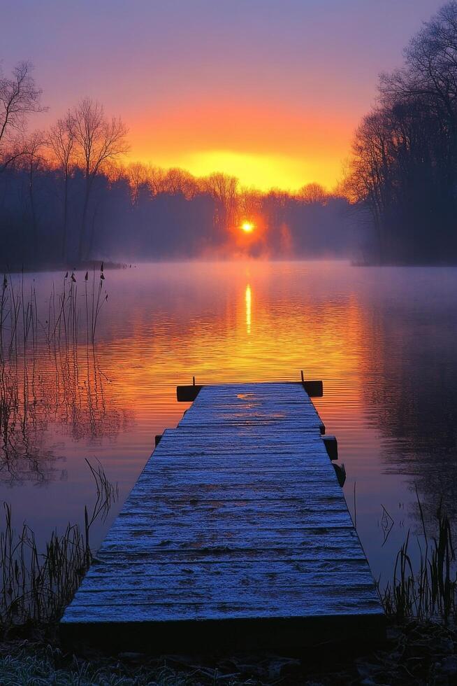 Early morning tranquility at a misty lake with a wooden dock reflecting dawn colors photo