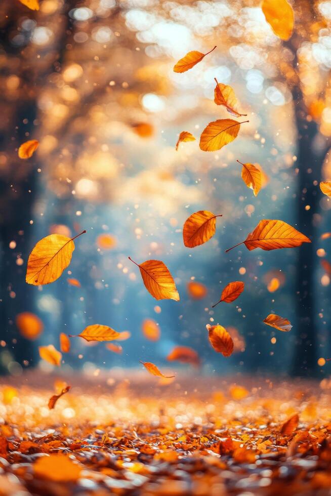 Falling autumn leaves create a beautiful mosaic against a blurred background in nature photo