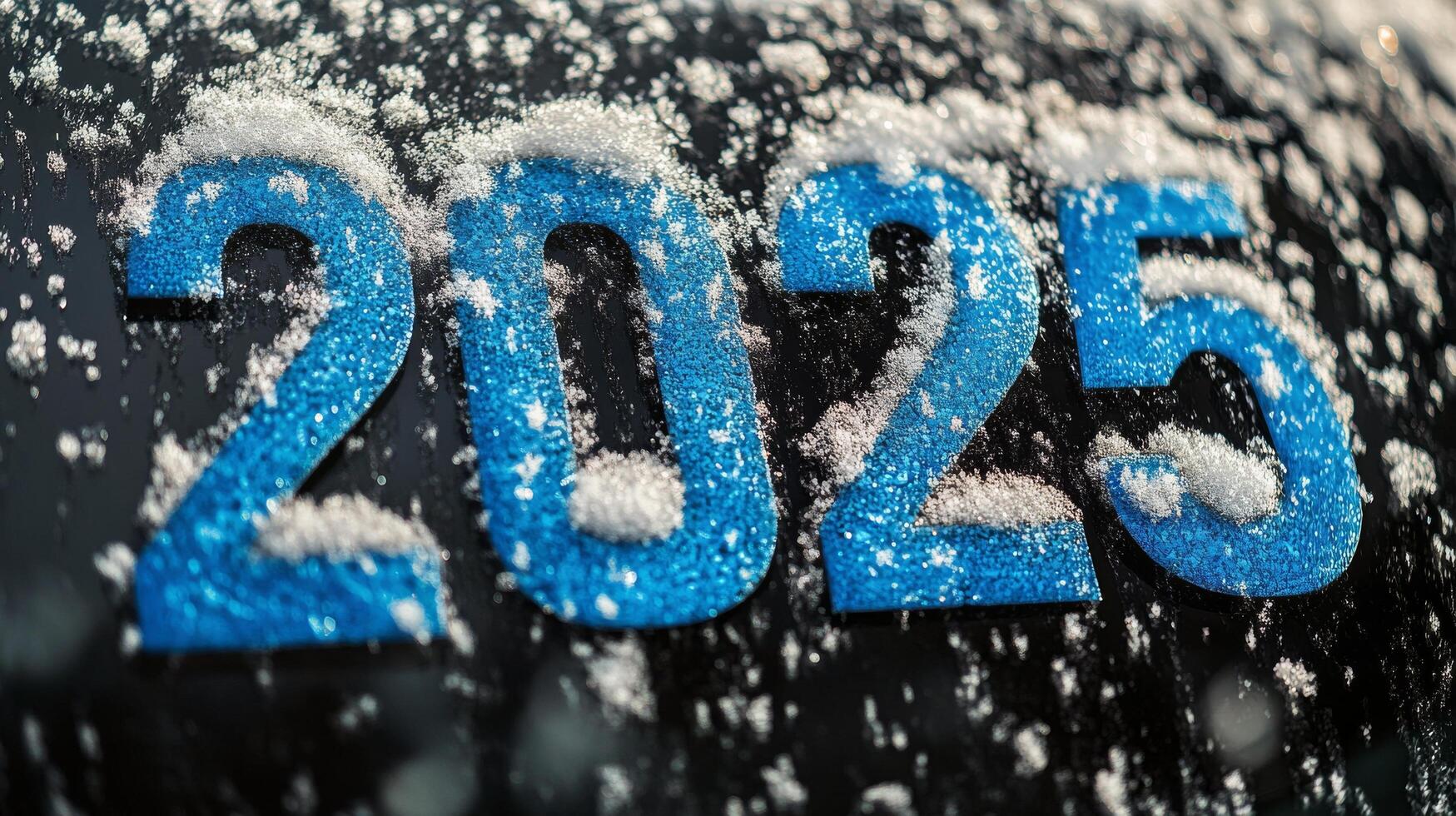 Snow covered numbers 2025 on a black surface during winter with falling snowflakes in the background photo