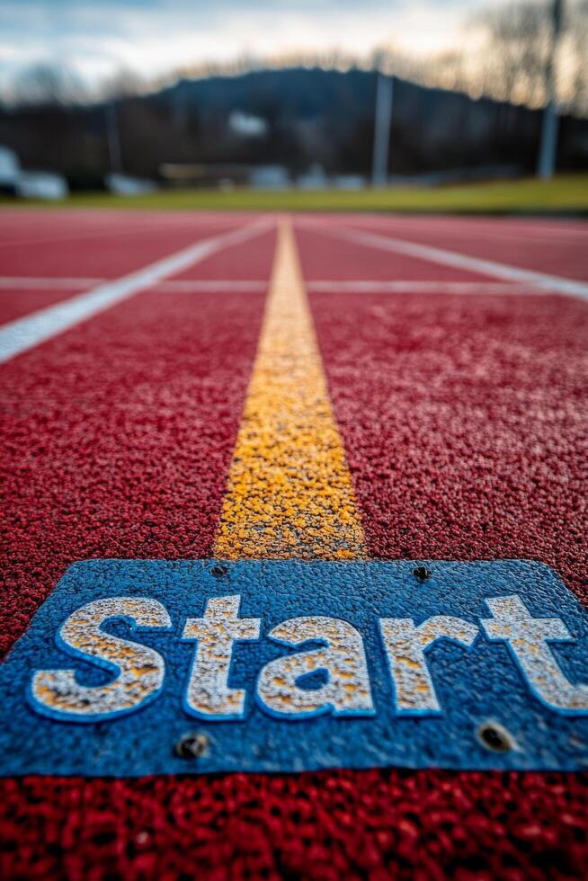 Close up of a vibrant track start line at a sports facility during early morning light photo