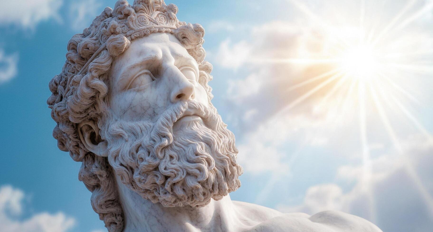 Majestic marble statue of an ancient deity against a cloudy sky photo