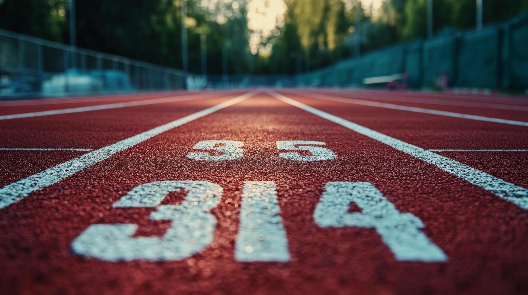 Runner on a track during sunset with a blurred focus on numbered lane markings and nature photo