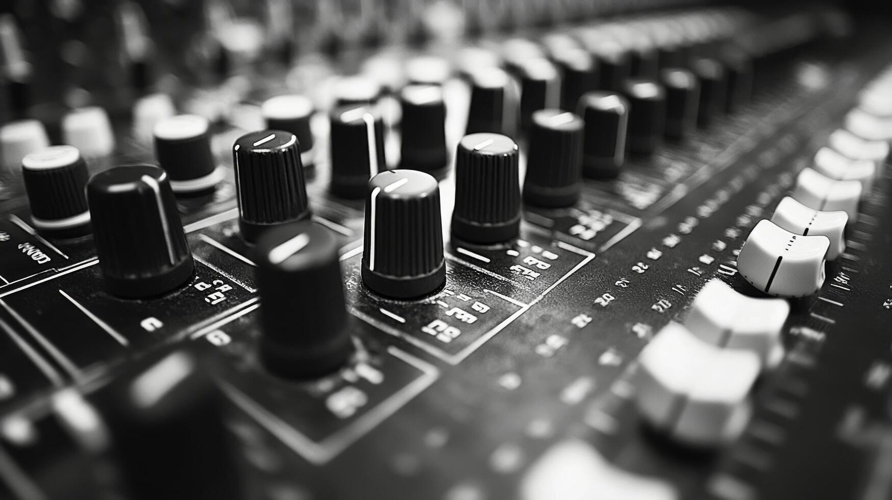 A close up view of an audio mixing console with various knobs and sliders in a studio setting photo