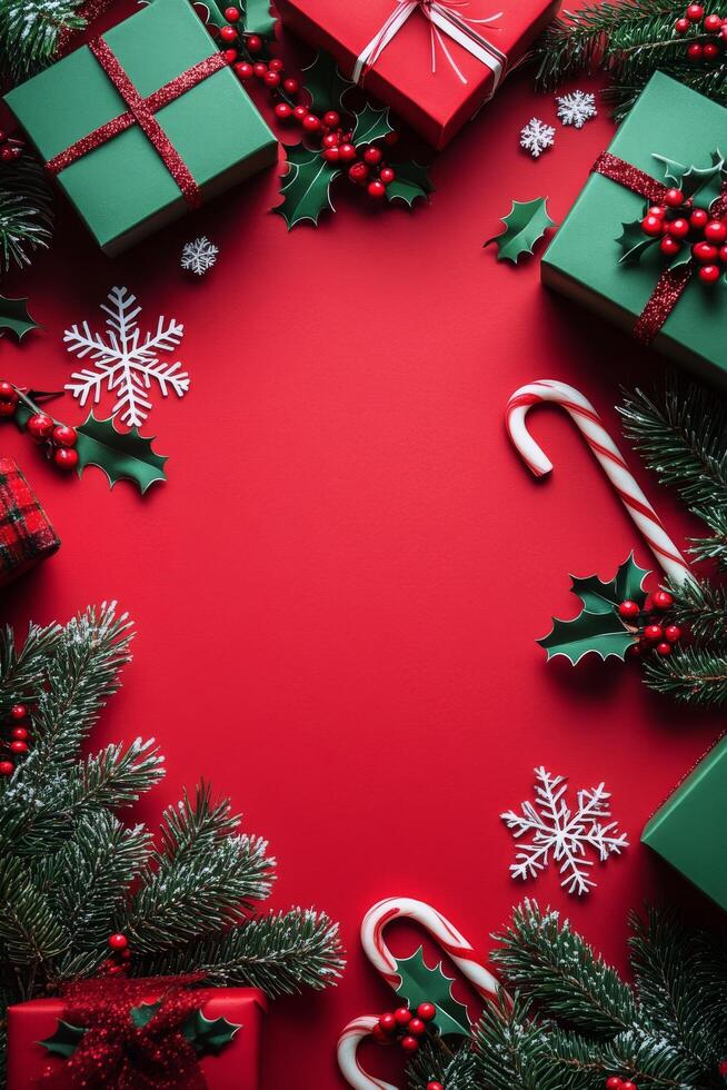 Festive Christmas decorations with gifts, candy canes, and holiday greenery on a red background photo
