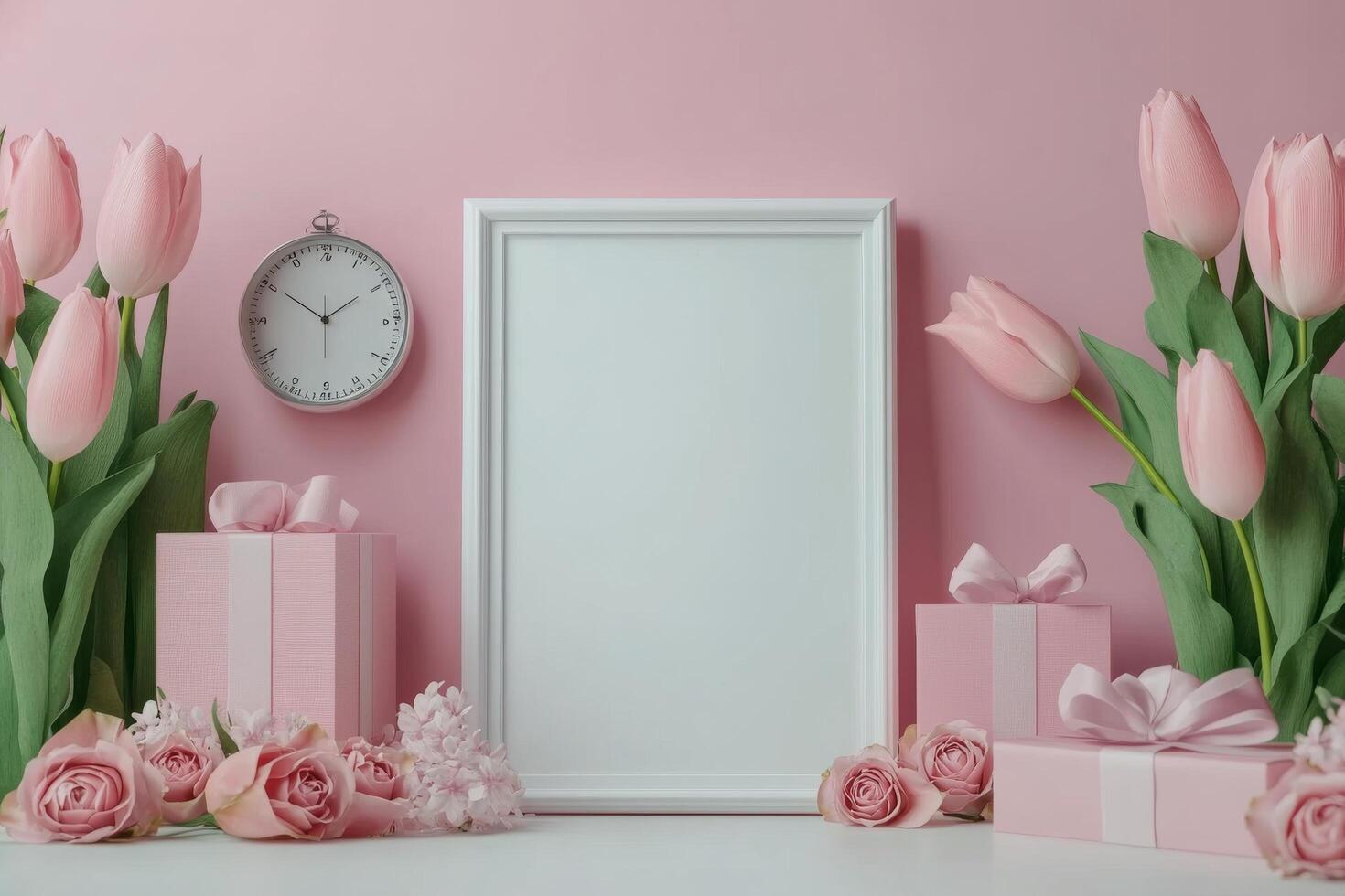 Decorative arrangement with a clock, flowers, and gifts on a light blue background in a cozy setting photo