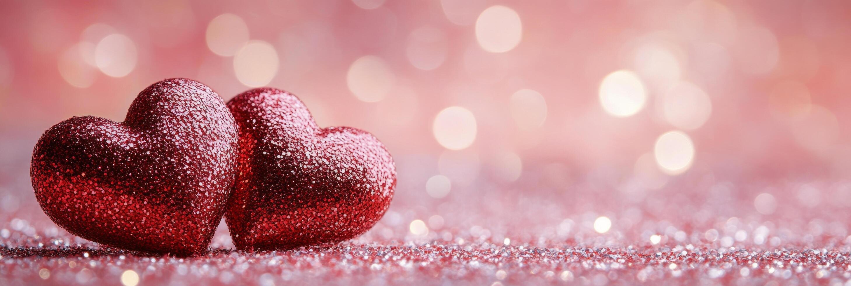 Two glittering red hearts are positioned closely on a shimmering pink surface photo