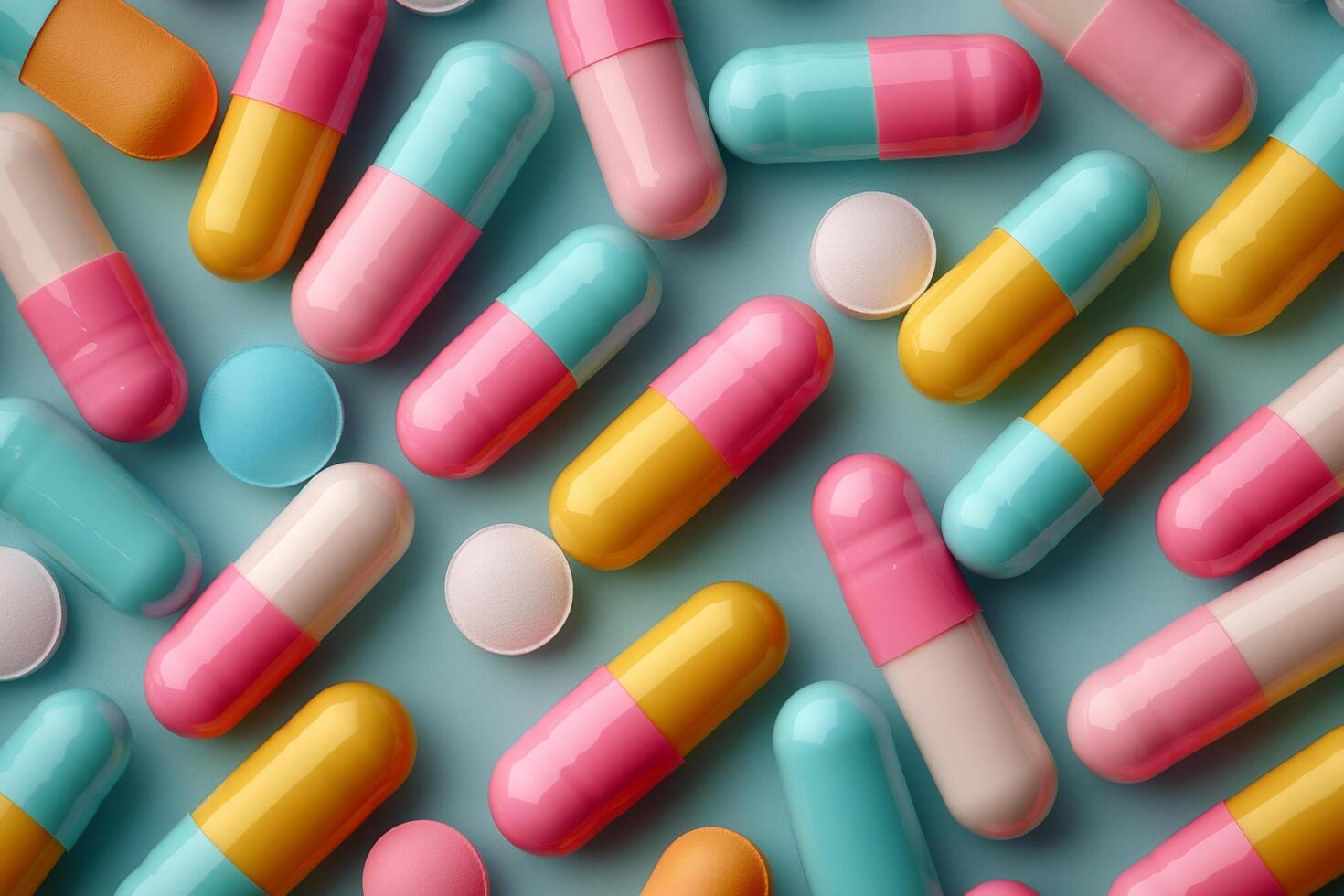 Colorful round candy pieces arranged on a light blue surface in a playful pattern photo