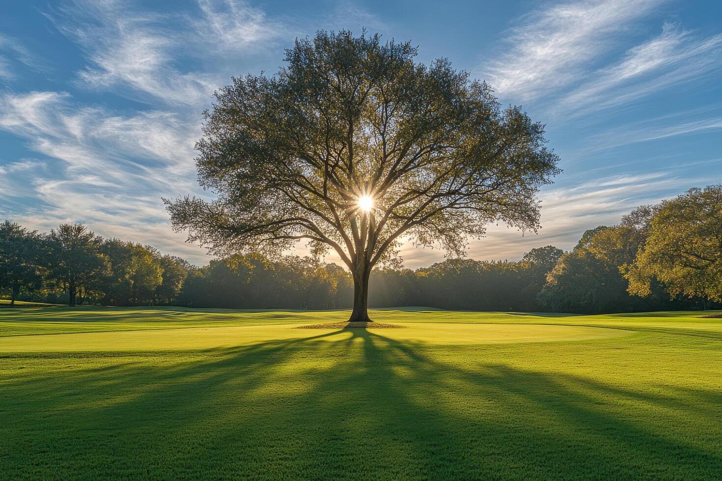 Majestic tree casting long shadows on a vibrant golf green during sunset in a serene landscape photo
