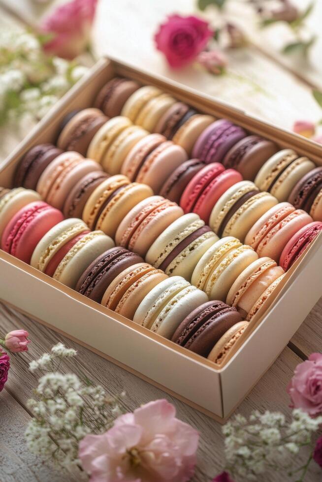 Colorful macarons arranged in a decorative box with flowers on a rustic wooden table photo