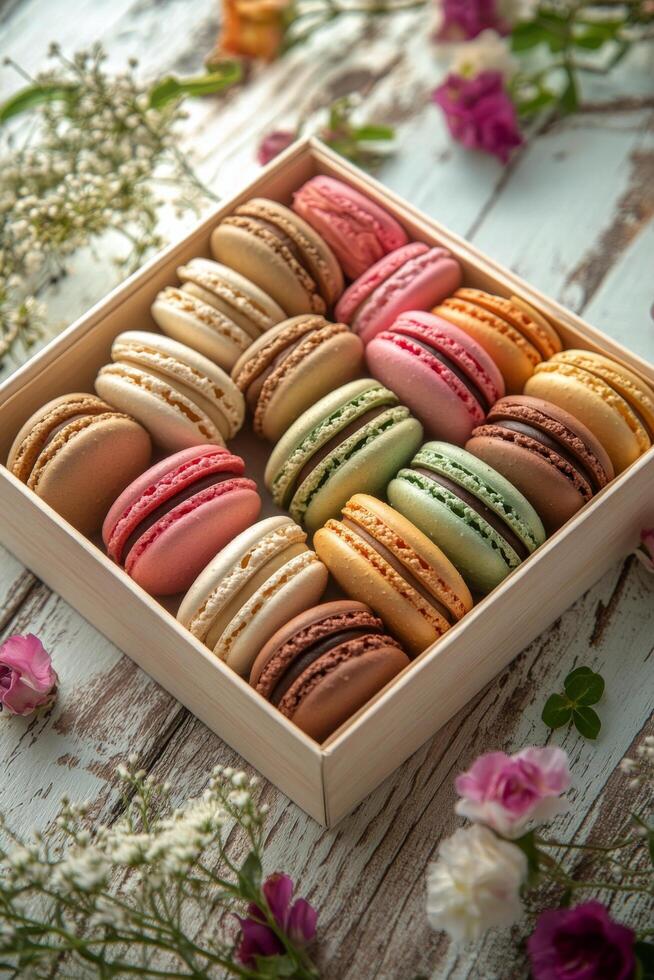 Colorful macarons arranged in a decorative box with flowers on a rustic wooden table photo