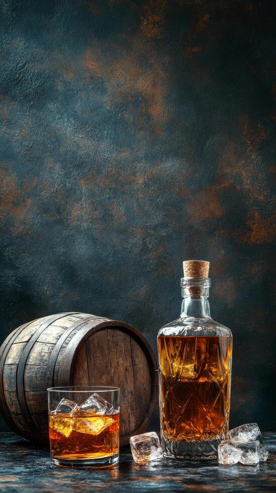 A glass and bottle of whiskey next to a wooden barrel on a dark textured background photo