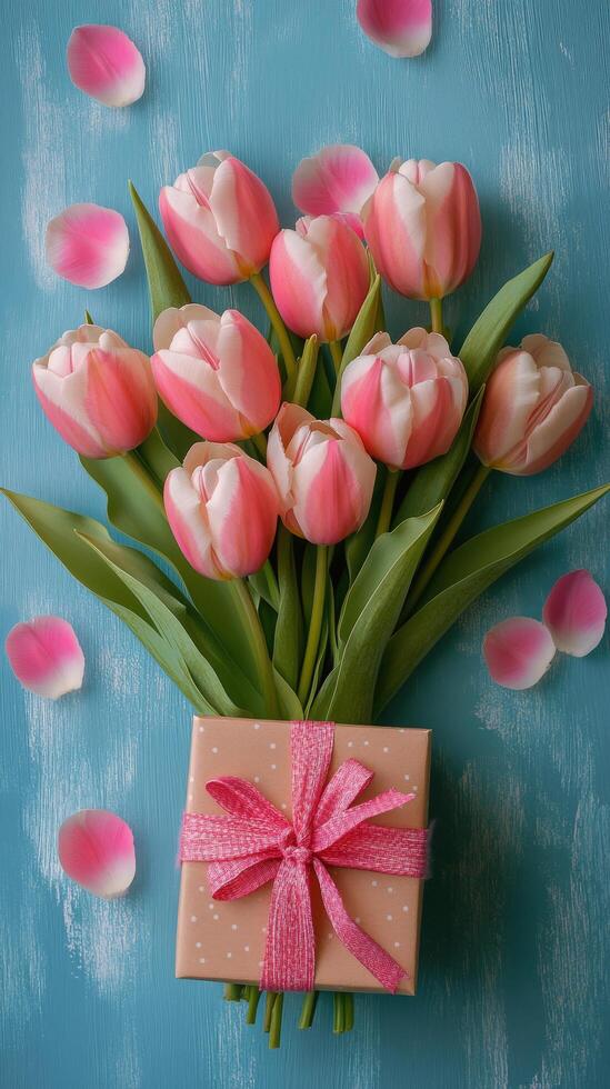 A bouquet of pink tulips arranged in a gift box with scattered petals on a blue background photo