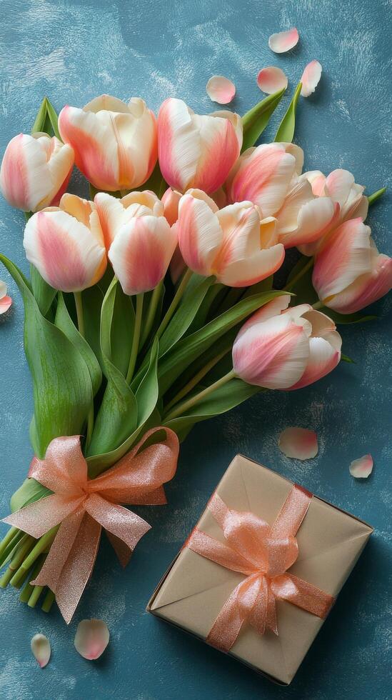 A bouquet of pink tulips arranged in a gift box with scattered petals on a blue background photo