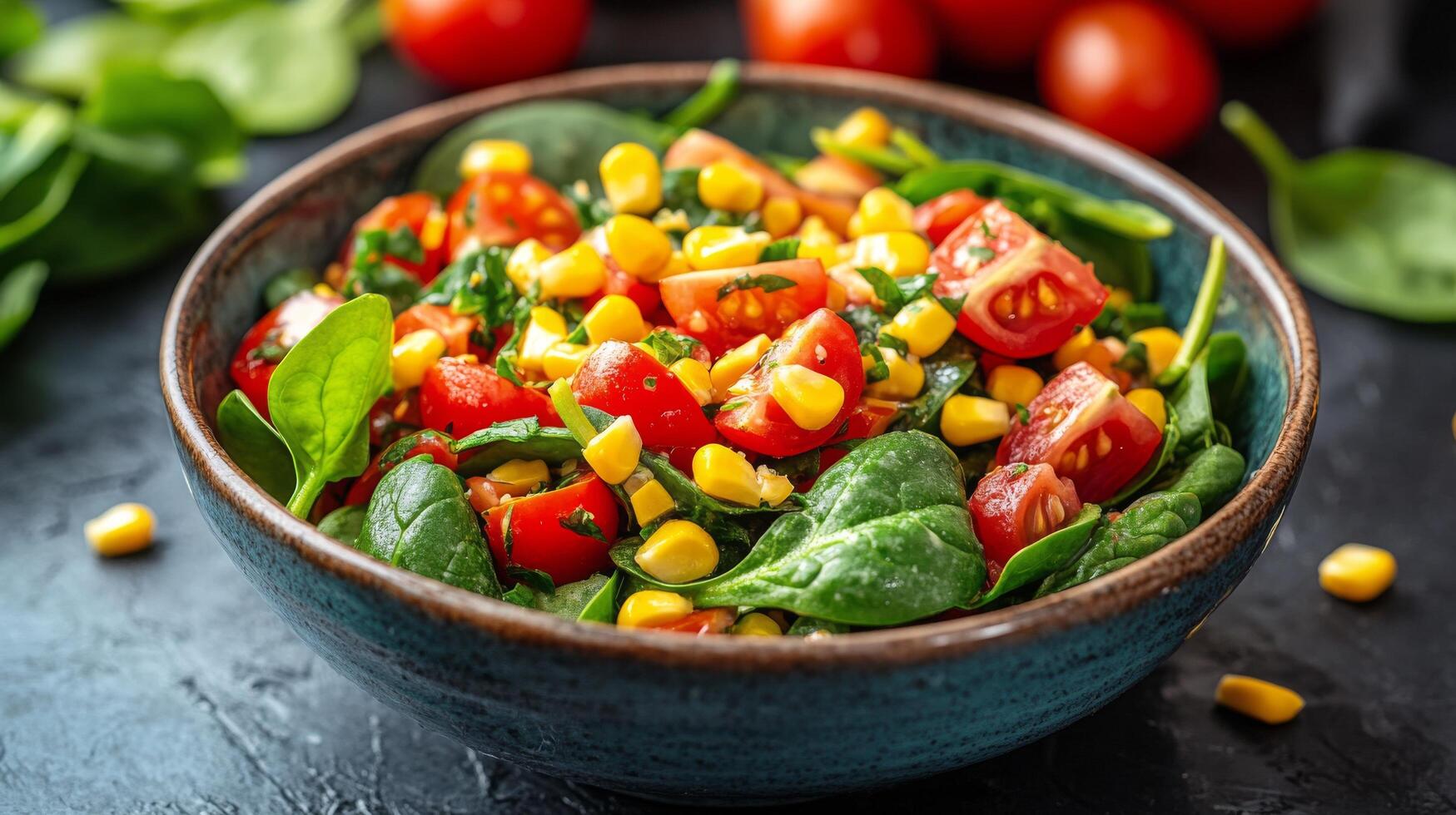 Fresh spinach salad with cherry tomatoes and corn in a rustic bowl on a dark background photo
