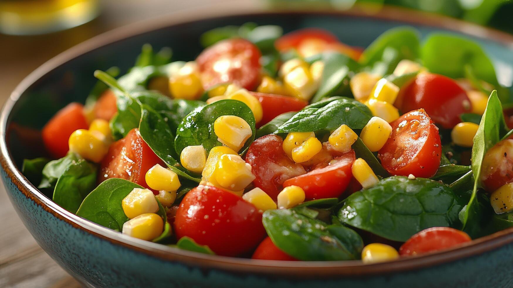 Fresh spinach salad with cherry tomatoes and corn in a rustic bowl on a dark background photo