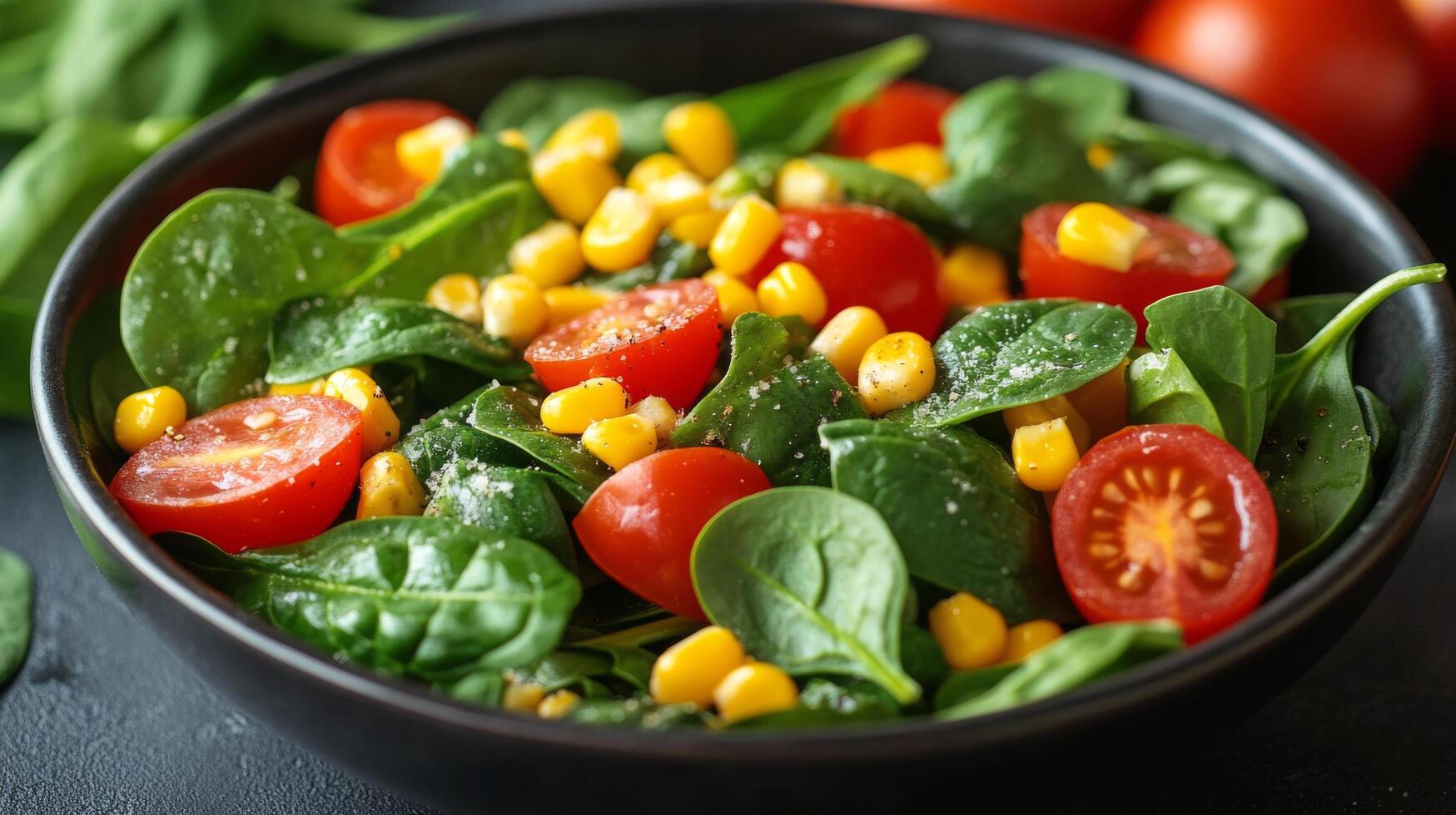 Fresh spinach salad with cherry tomatoes and corn in a rustic bowl on a dark background photo