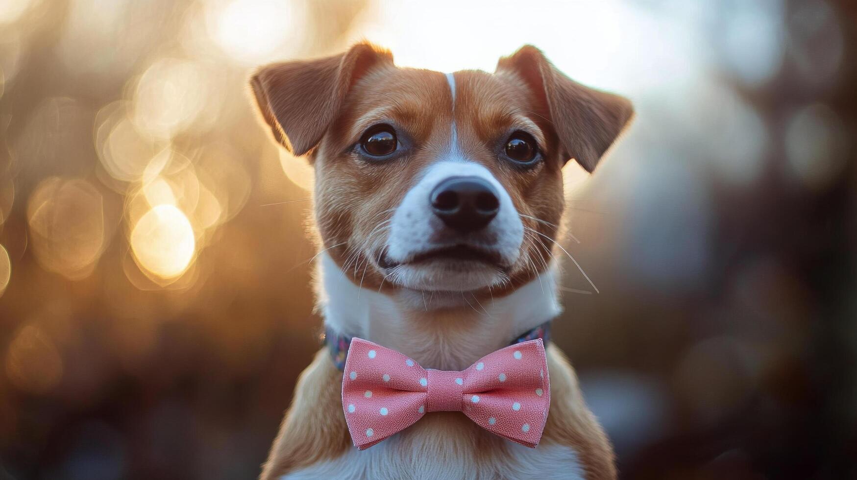 A brown dog with blue eyes wears a pink bow tie against a snowy backdrop during winter photo