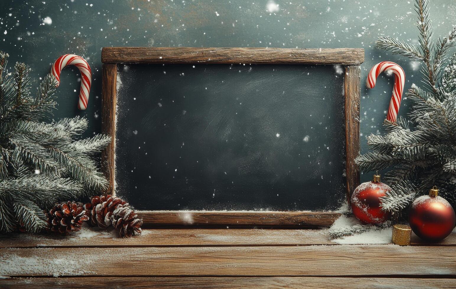 A festive chalkboard surrounded by Christmas decorations in a snowy setting photo