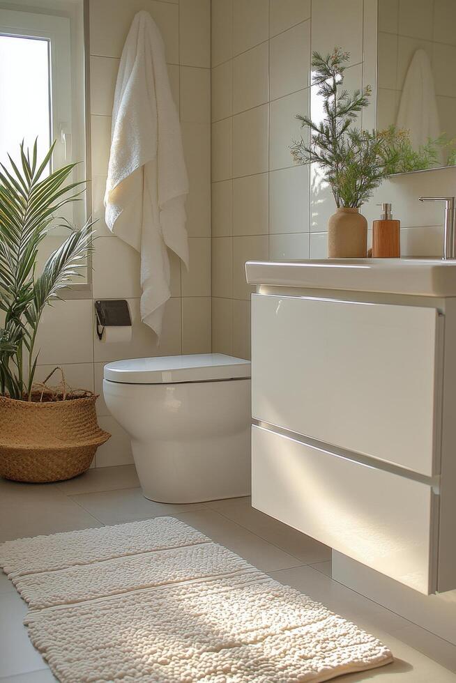 Elegant bathroom with modern decor and natural elements in a bright, inviting space photo
