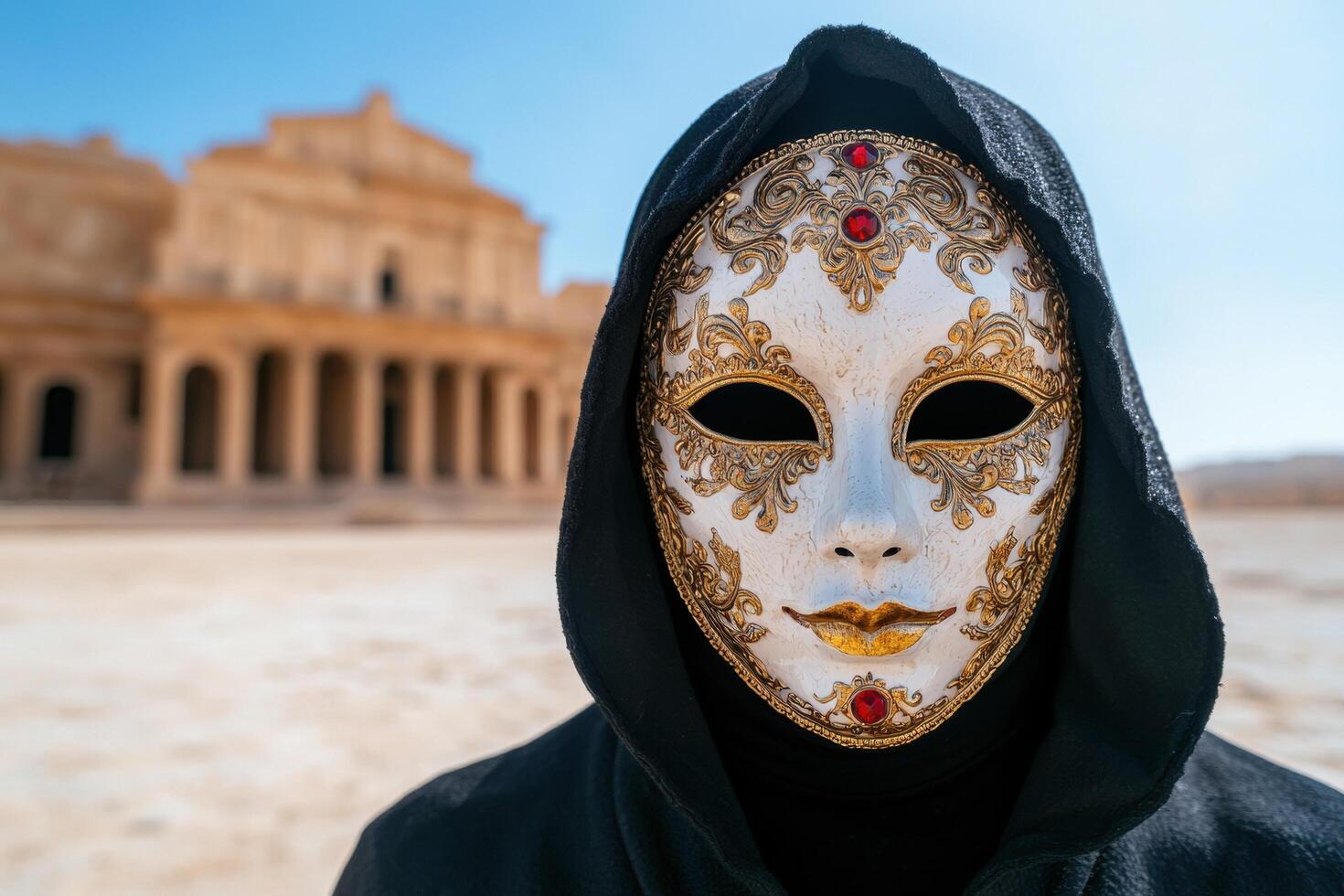 Ornate venetian mask in front of historic building photo