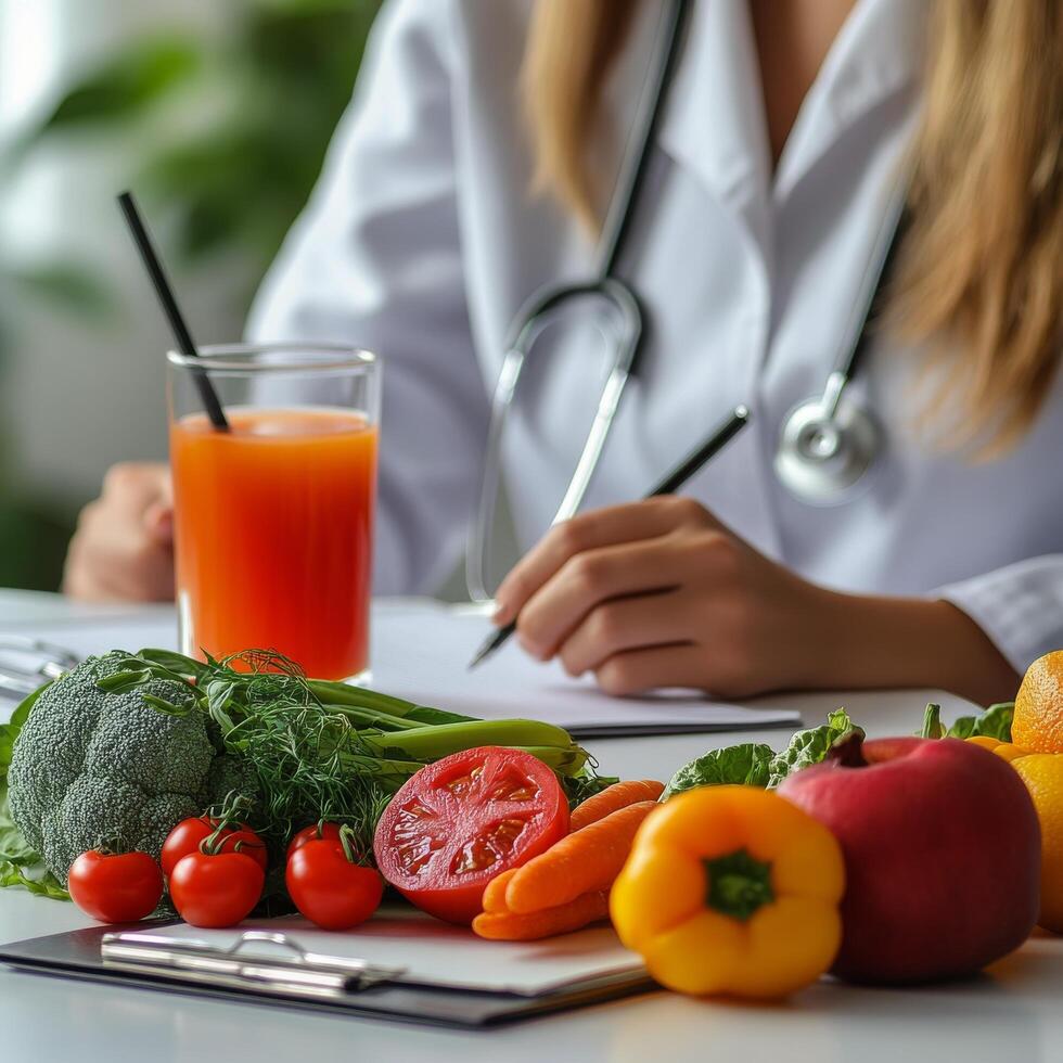 Health professional evaluating fresh vegetables and fruit for dietary advice at a clinic photo