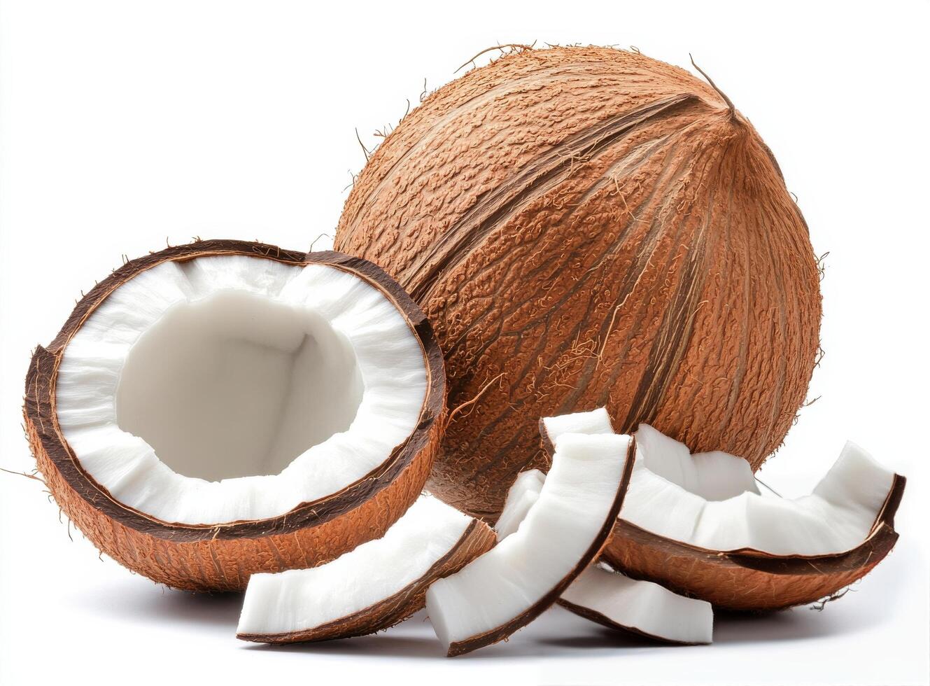 Fresh coconut halves and shavings arranged attractively on a clean surface for culinary use photo