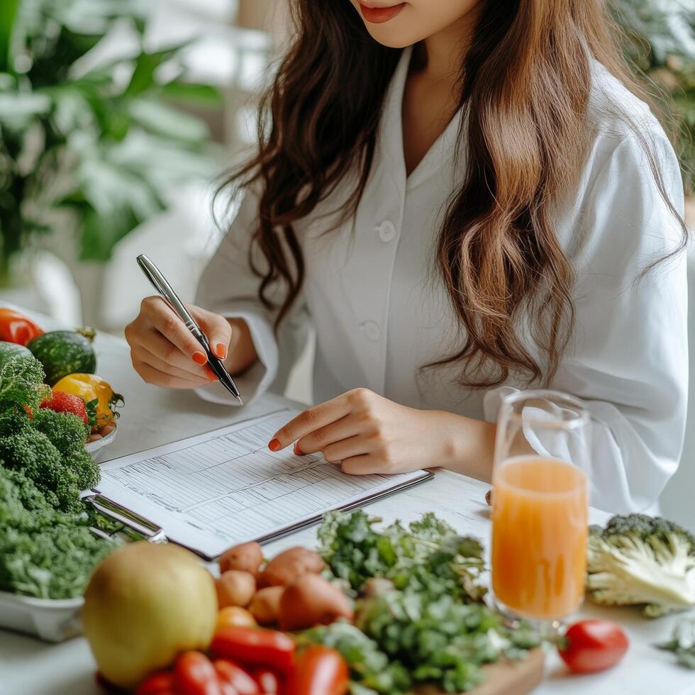 Health professional evaluating fresh vegetables and fruit for dietary advice at a clinic photo
