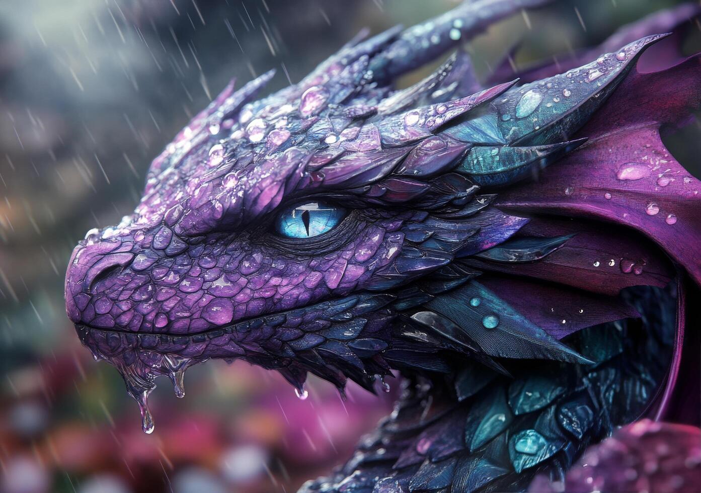 A vibrant dragon with shimmering scales and water droplets in a mystical forest setting photo