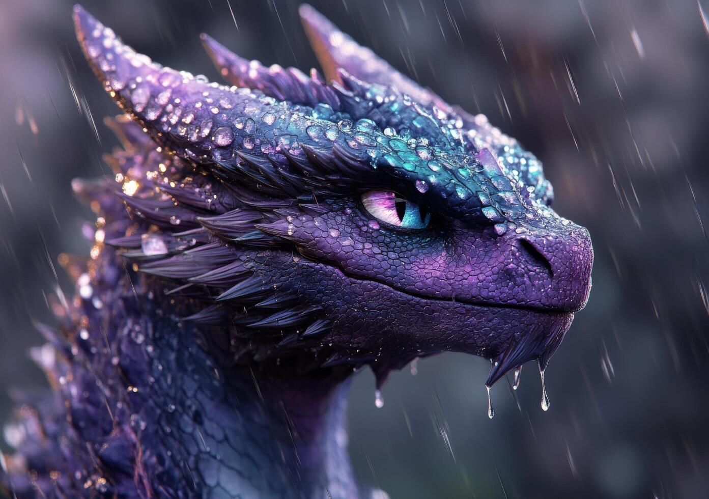 A vibrant dragon with shimmering scales and water droplets in a mystical forest setting photo