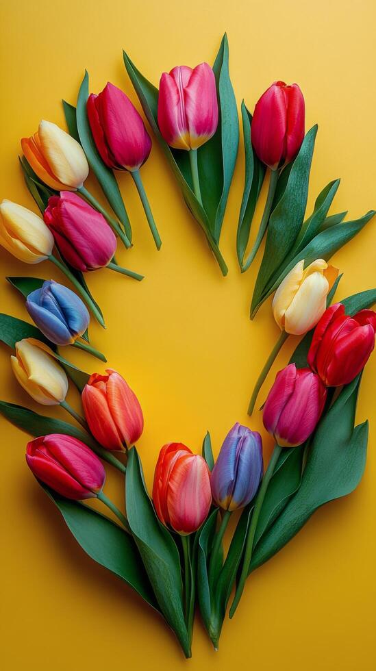 Colorful tulips arranged in a circular pattern on bright yellow background during spring season photo