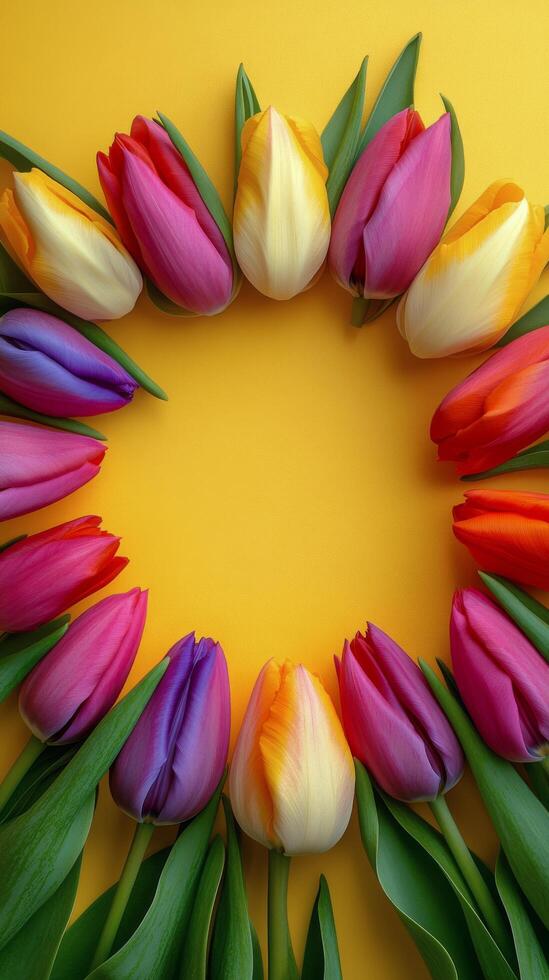Colorful tulips arranged in a circular pattern on bright yellow background during spring season photo